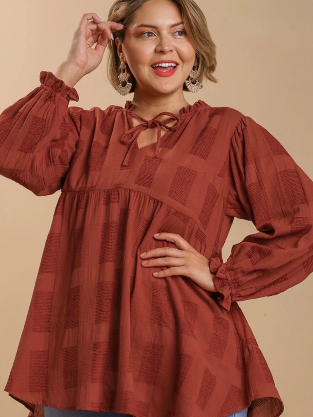 Umgee Chenille Babydoll Tunic Top Dress Rust Split Neck Long Sleeve XL